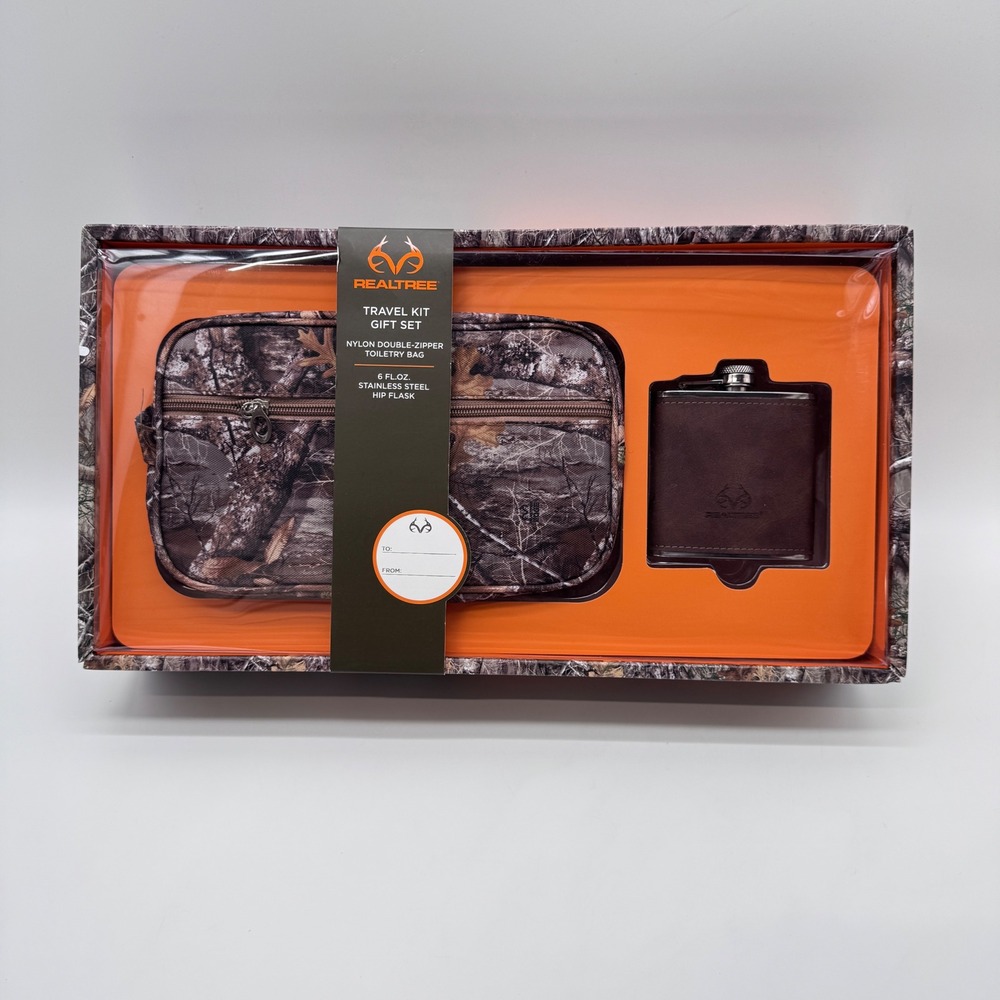 Realtree Travel Kit Gift Set Mens Camo Toiletry Bag and 6oz Stainless Flask